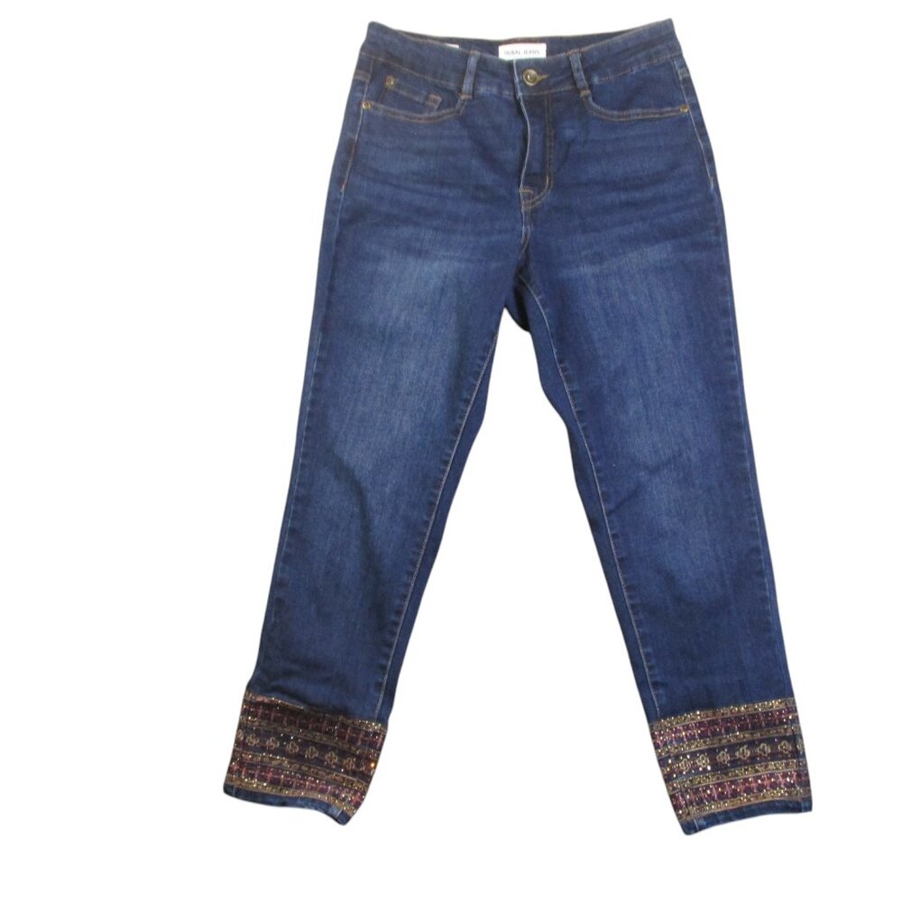Tribal Embellished Jeans Audrey‎ Mid-Rise Slim Ankle Cropped Women 28x25 Blue
